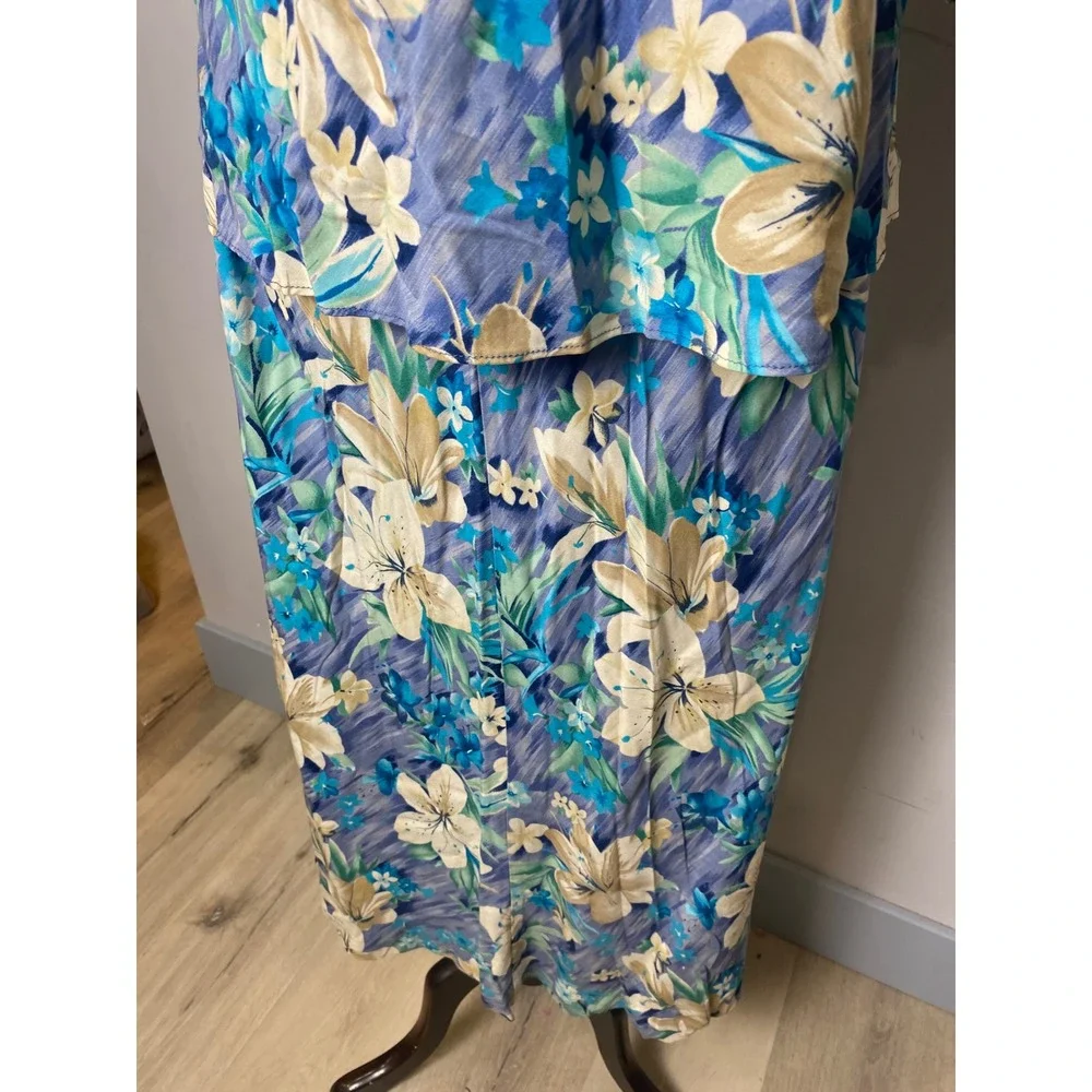Lesley Fay Vintage 90s 2 Piece Set Floral Tropical Blue Tunic Top Maxi Skirt - Picture 3 of 9